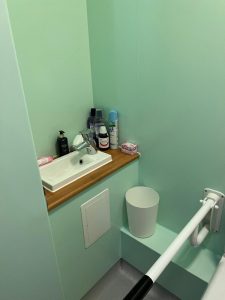 A bathroom with a sink and a white bin